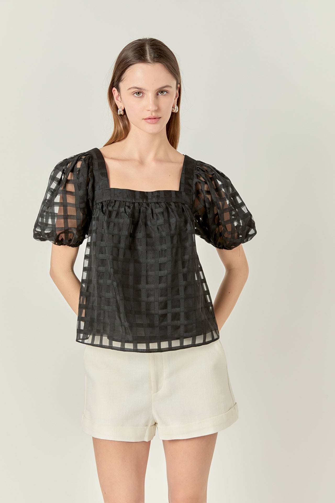 ENGLISH FACTORY - Organza Gridded Square Neck Crop Top - TOPS available at Objectrare