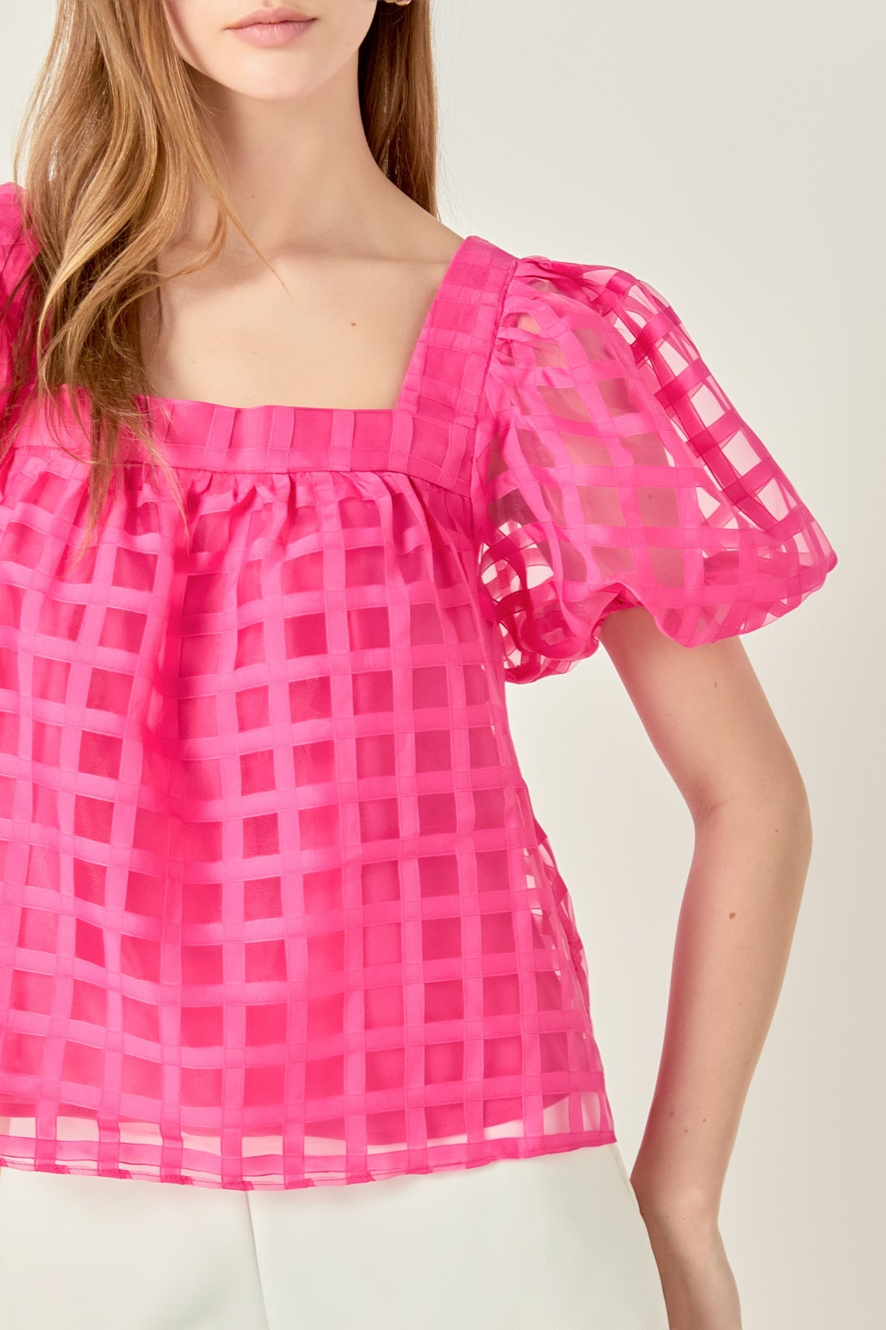 Organza Gridded Square Neck Crop Top