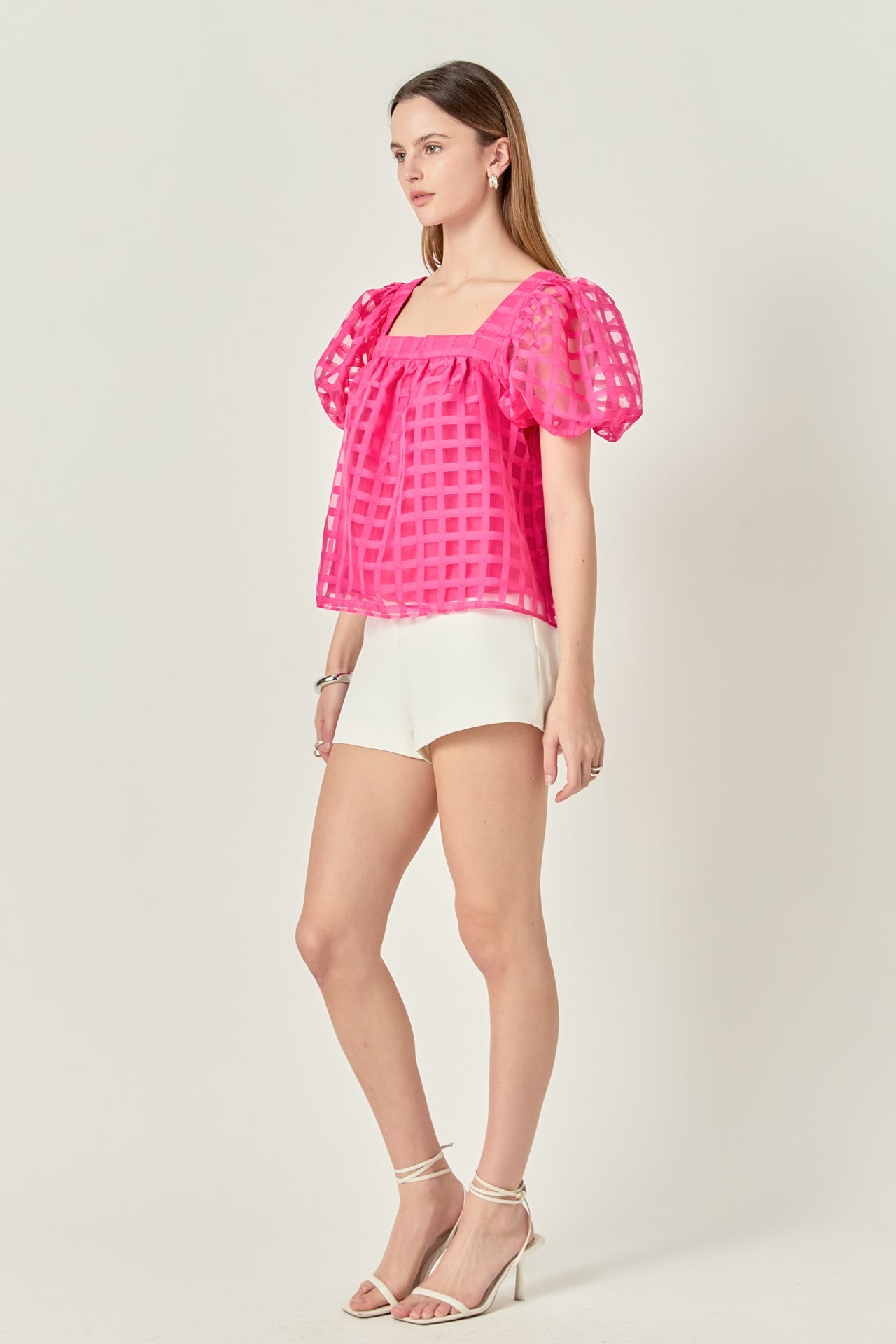 Organza Gridded Square Neck Crop Top