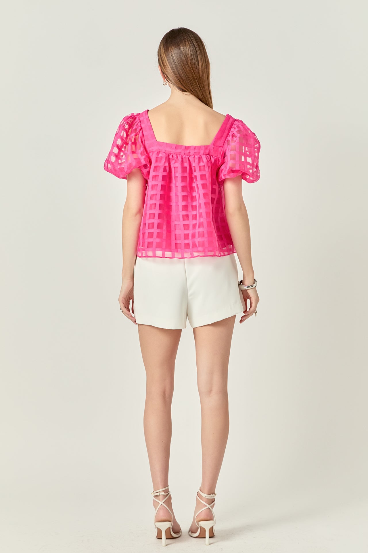 Organza Gridded Square Neck Crop Top