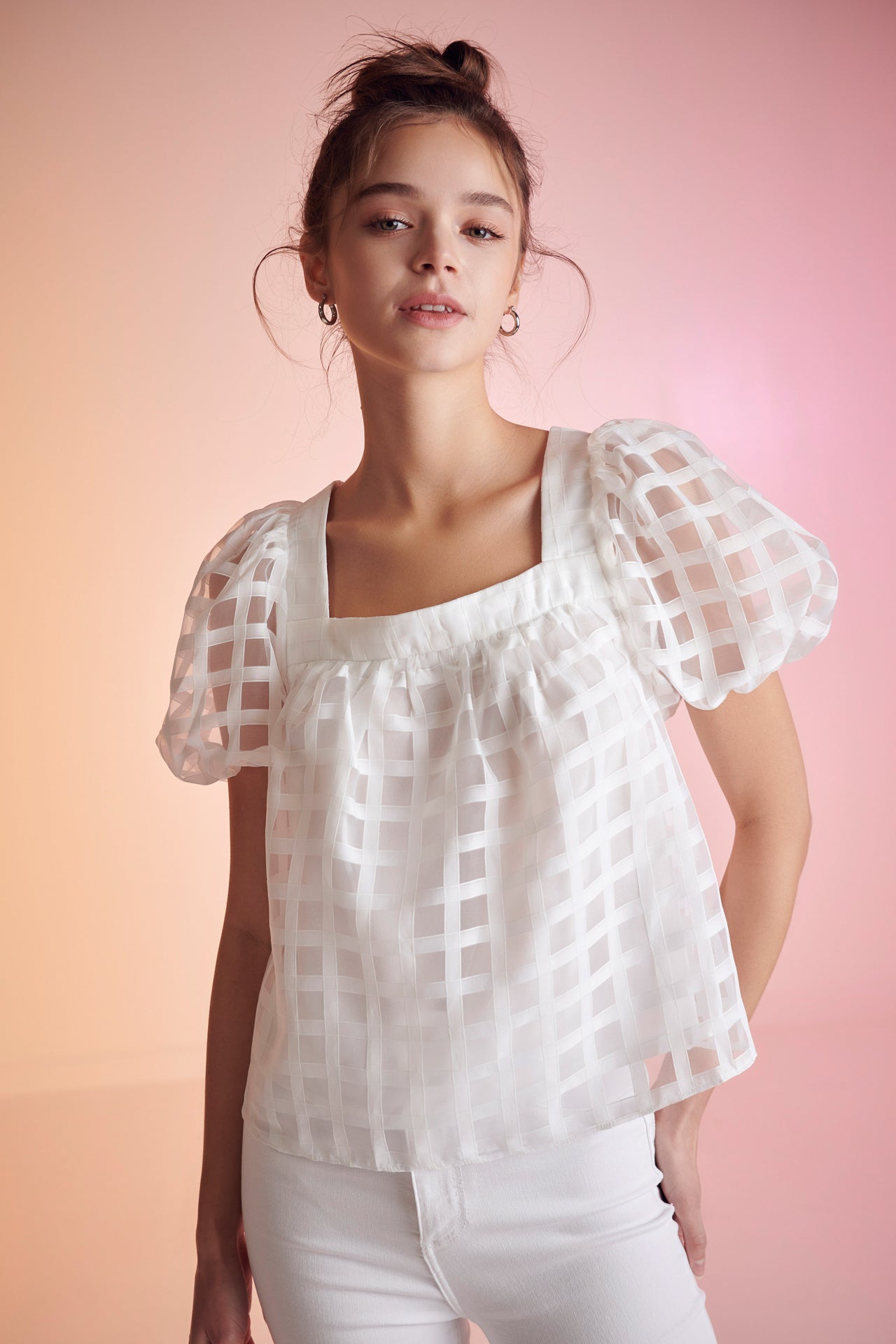 ENGLISH FACTORY - Organza Gridded Square Neck Crop Top - TOPS available at Objectrare