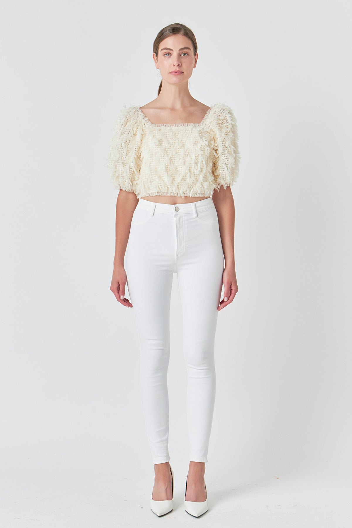 ENDLESS ROSE - Mesh Trimmed Puff Sleeve Top - TOPS available at Objectrare