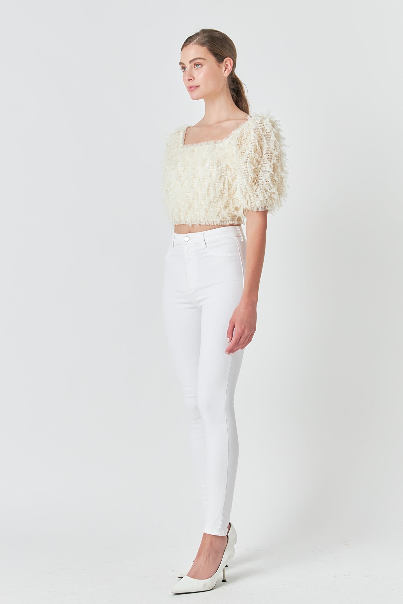 ENDLESS ROSE - Mesh Trimmed Puff Sleeve Top - TOPS available at Objectrare