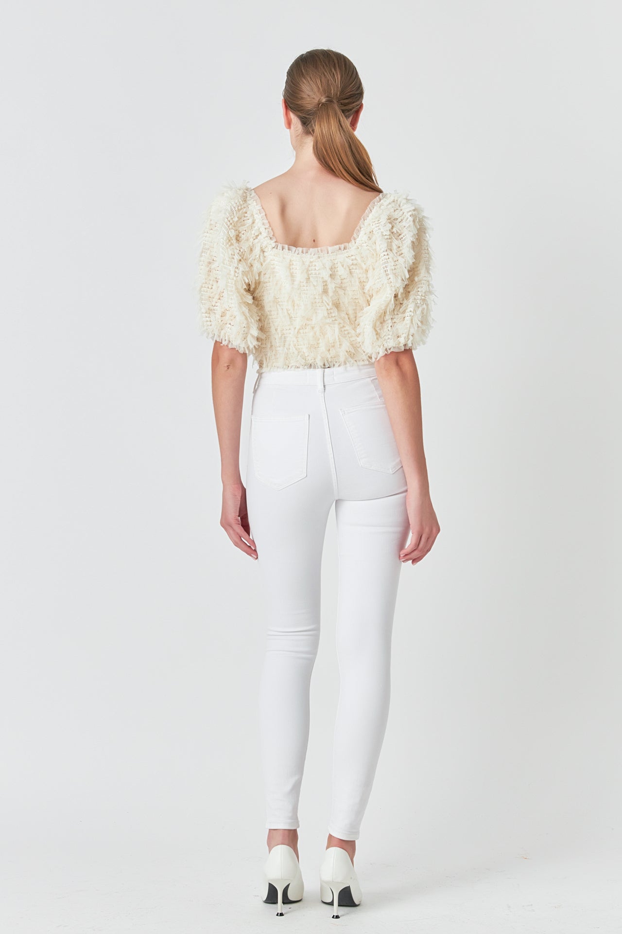 ENDLESS ROSE - Mesh Trimmed Puff Sleeve Top - TOPS available at Objectrare