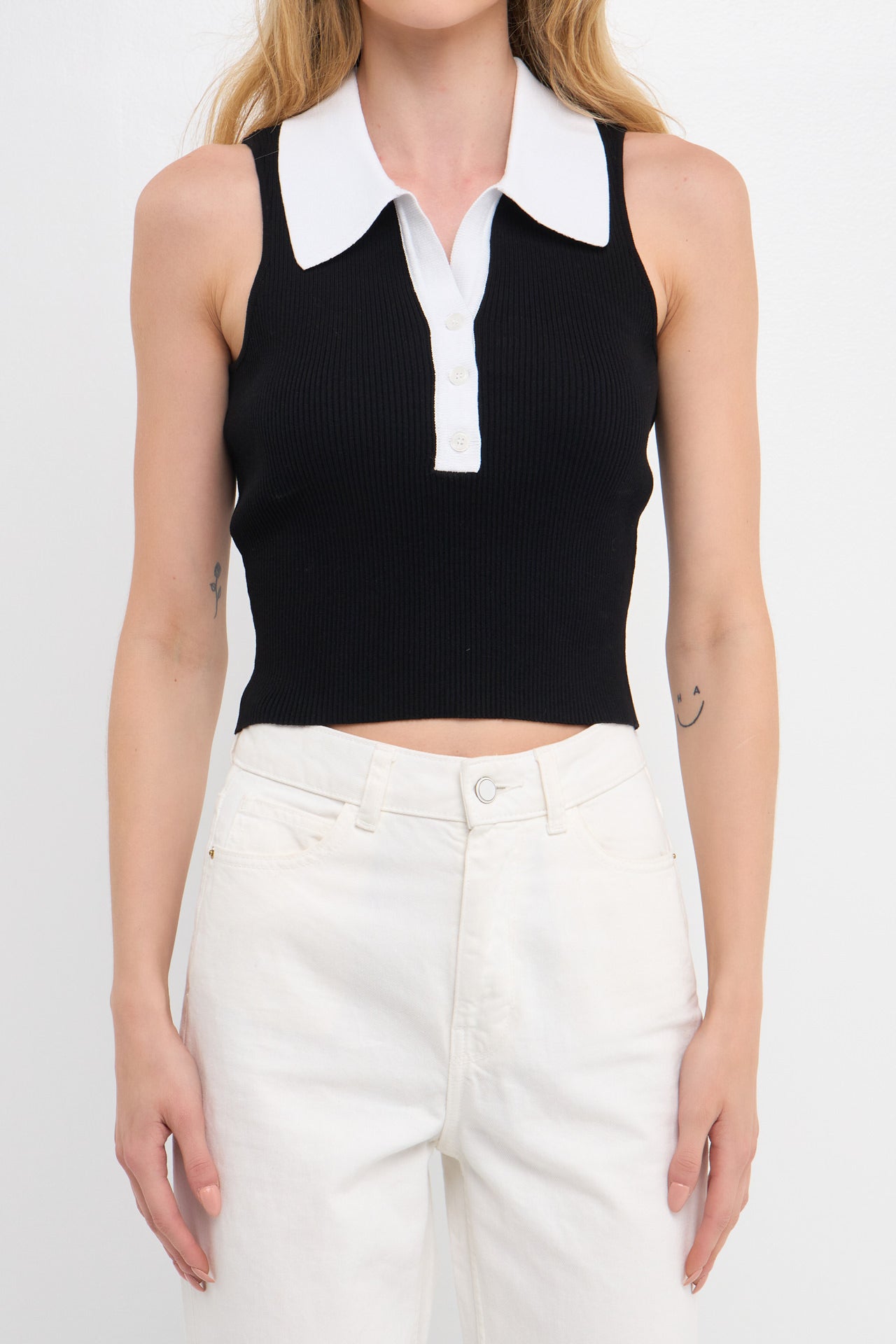 ENDLESS ROSE - Rib Knit Contrast Collar Sleeveless Top - TOPS available at Objectrare