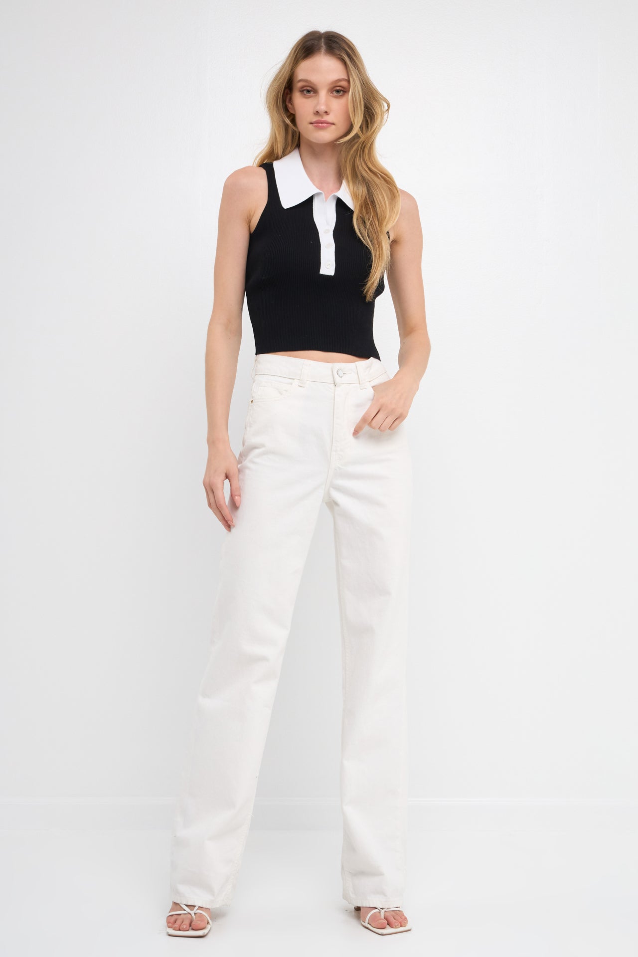 ENDLESS ROSE - Rib Knit Contrast Collar Sleeveless Top - TOPS available at Objectrare