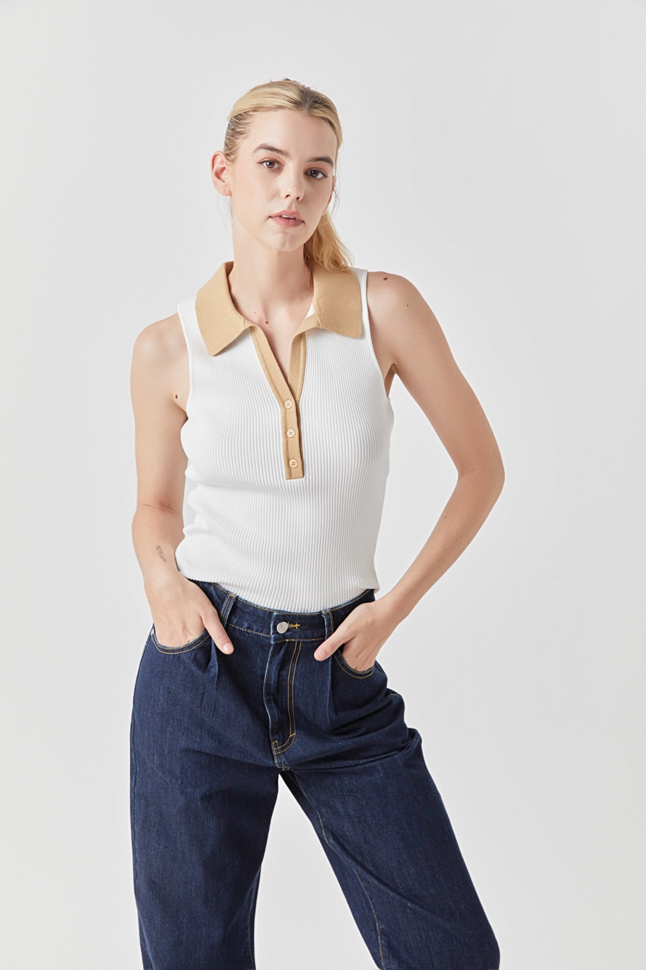 ENDLESS ROSE - Rib Knit Contrast Collar Sleeveless Top - TOPS available at Objectrare