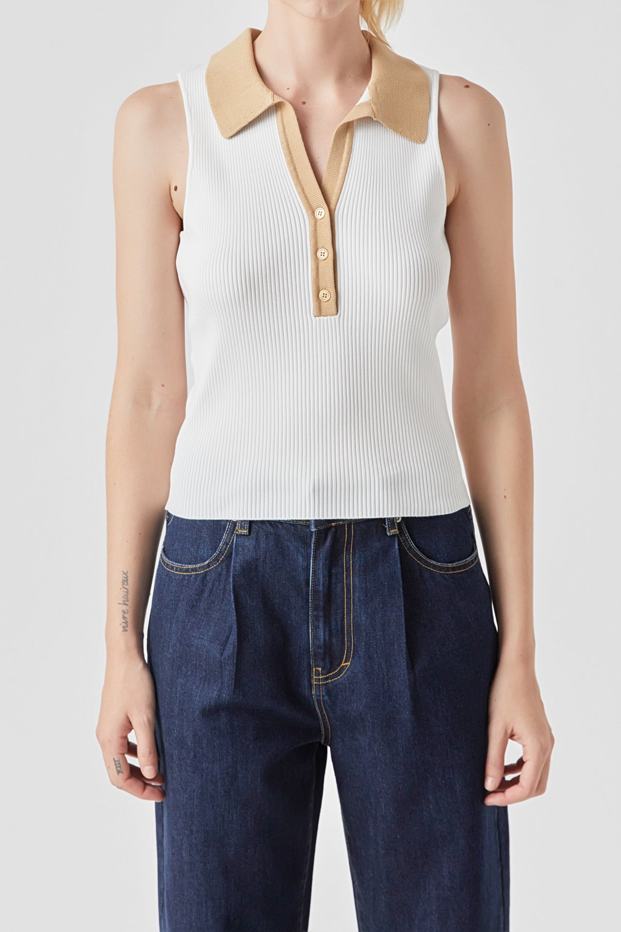 ENDLESS ROSE - Rib Knit Contrast Collar Sleeveless Top - TOPS available at Objectrare