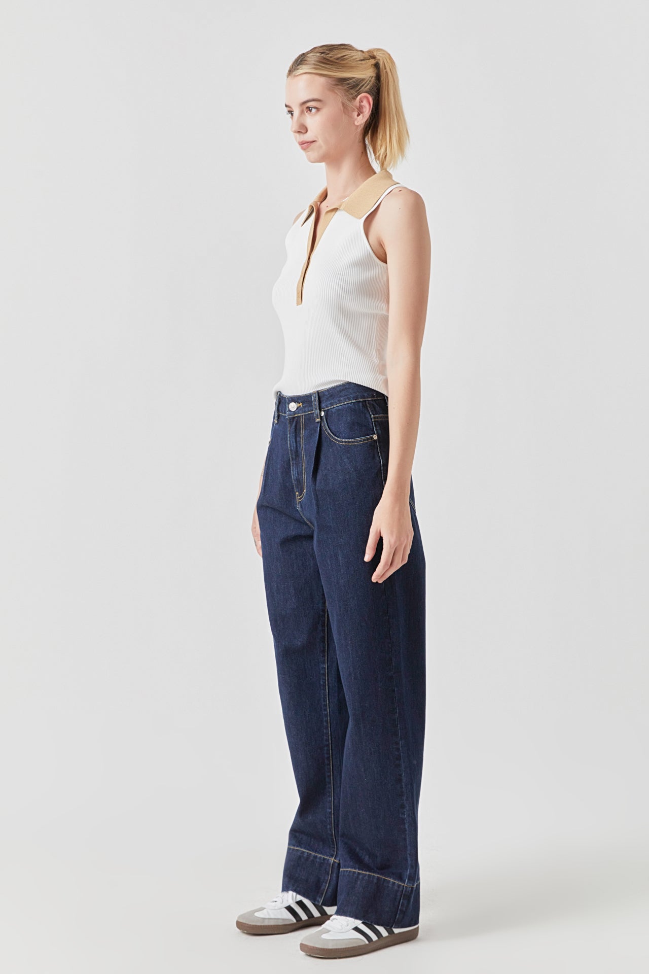 ENDLESS ROSE - Rib Knit Contrast Collar Sleeveless Top - TOPS available at Objectrare