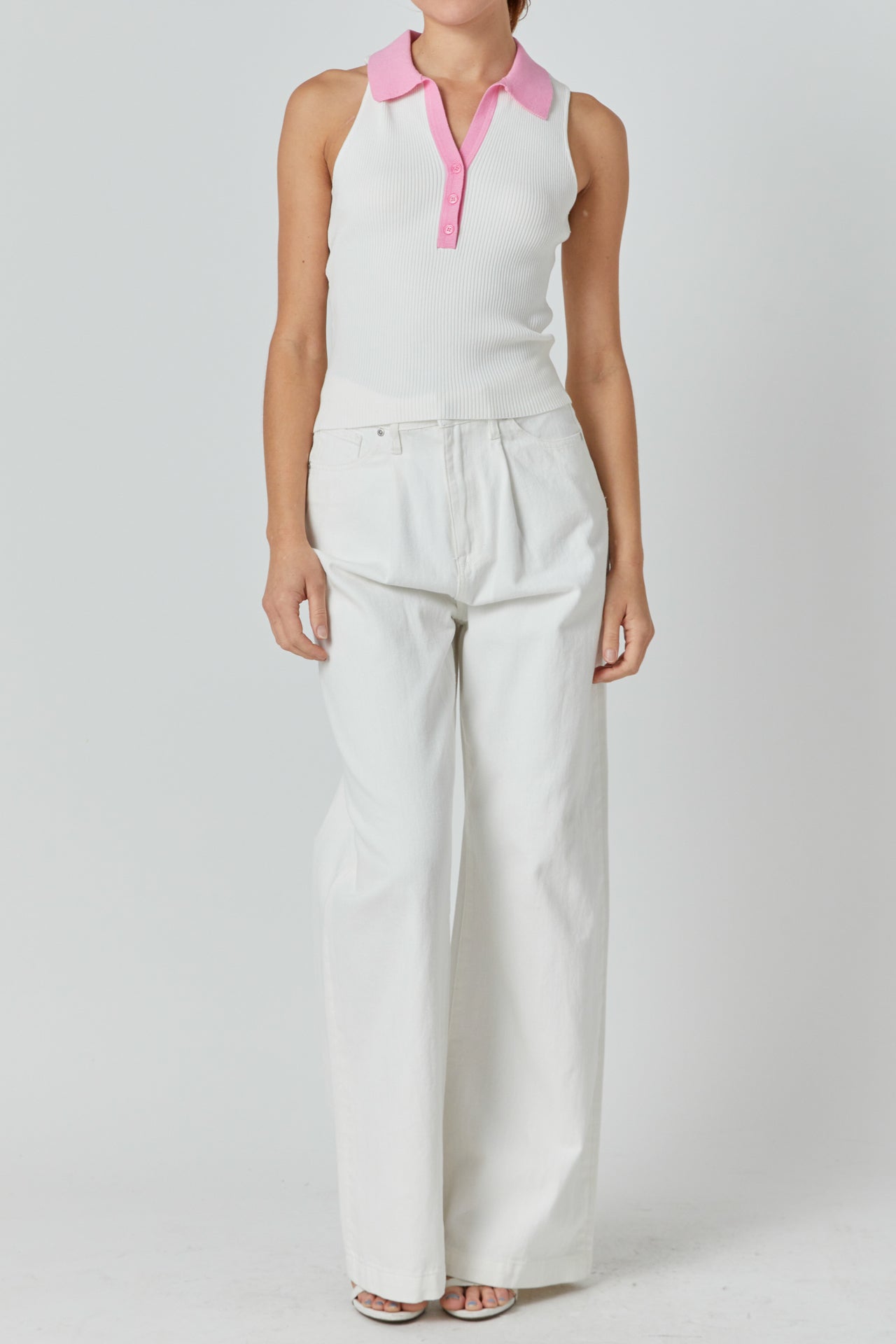 ENDLESS ROSE - Rib Knit Contrast Collar Sleeveless Top - TOPS available at Objectrare
