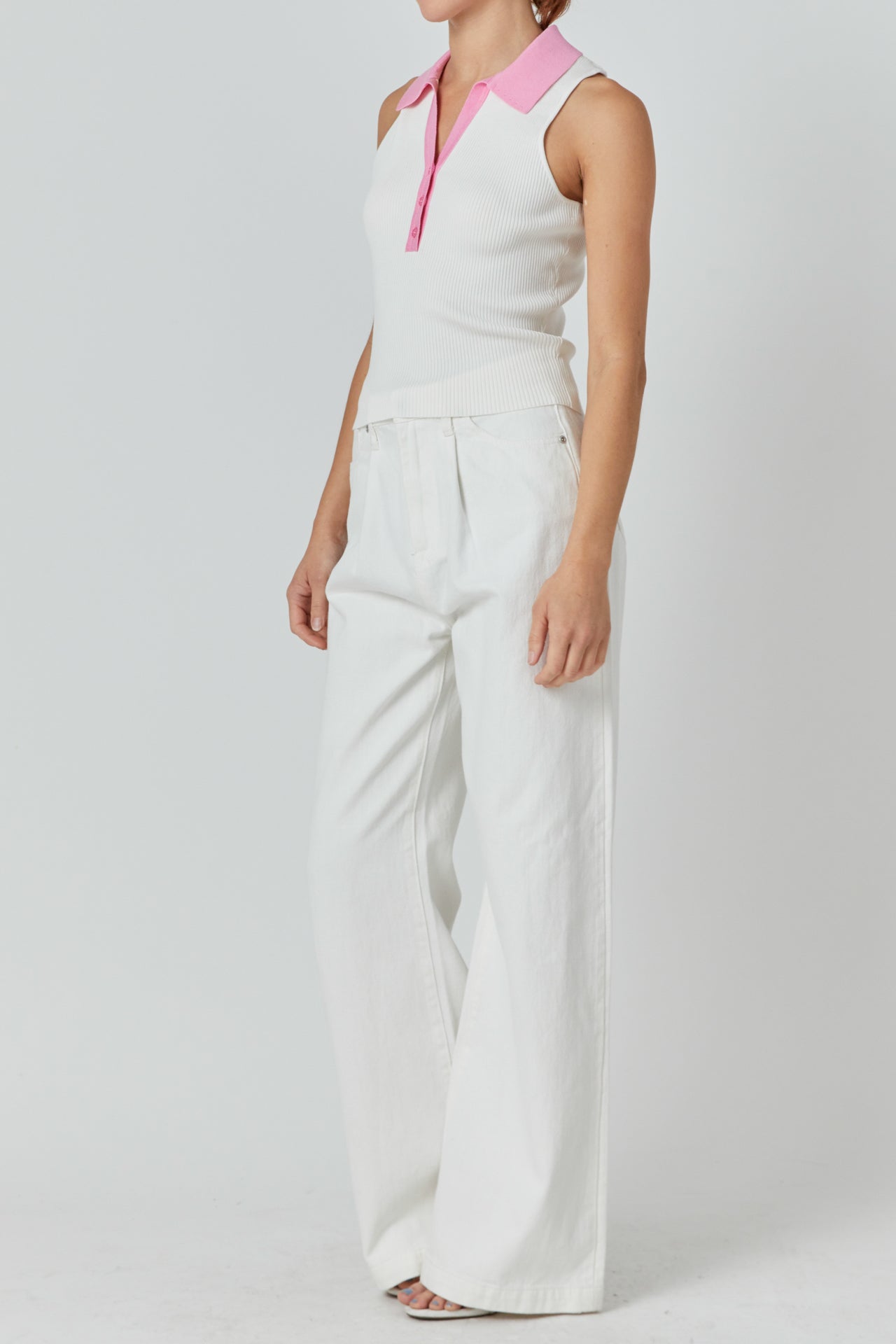 ENDLESS ROSE - Rib Knit Contrast Collar Sleeveless Top - TOPS available at Objectrare