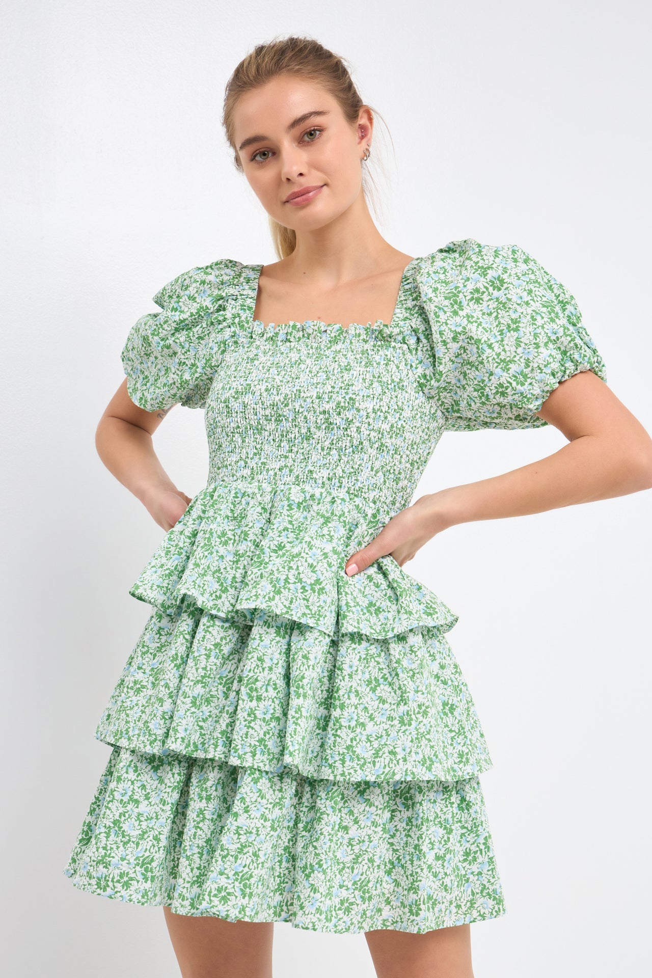 FREE THE ROSES - Crinkled Floral Linen Smocked Tiered Mini - DRESSES available at Objectrare