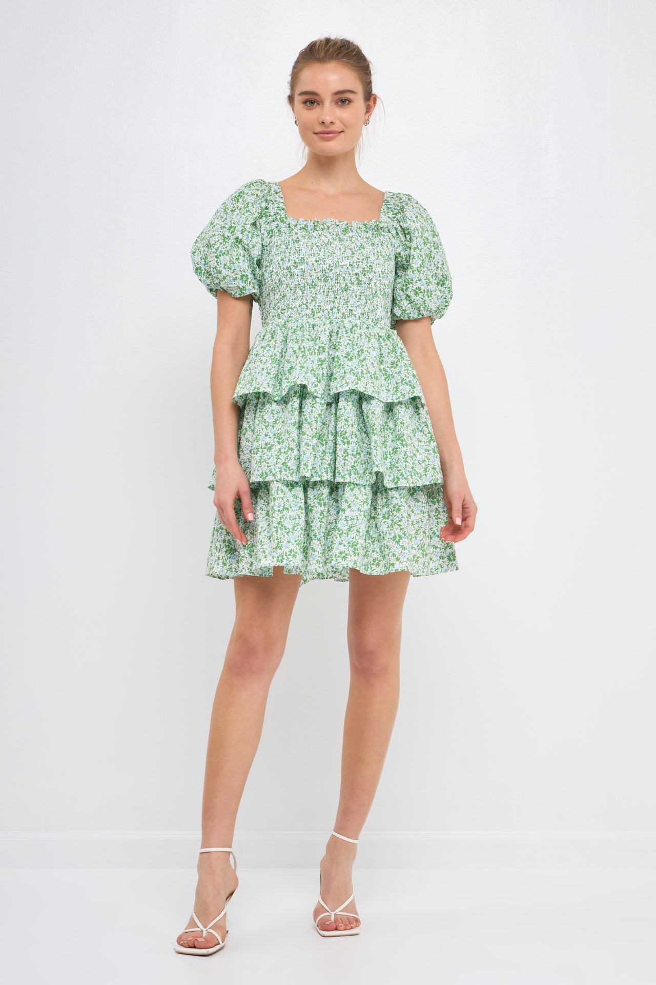 Free the Roses - Crinkled Floral Linen Smocked Tiered Mini Green / XS Free the Roses - Crinkled Floral Linen Smocked Tiered Mini Green / XS