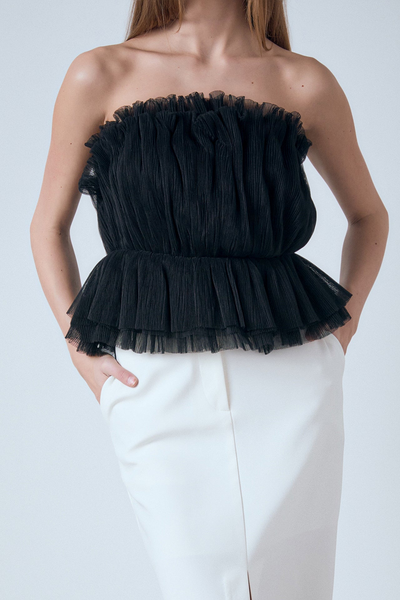 ENDLESS ROSE - Strapless Tulle Peplum Top - TOPS available at Objectrare