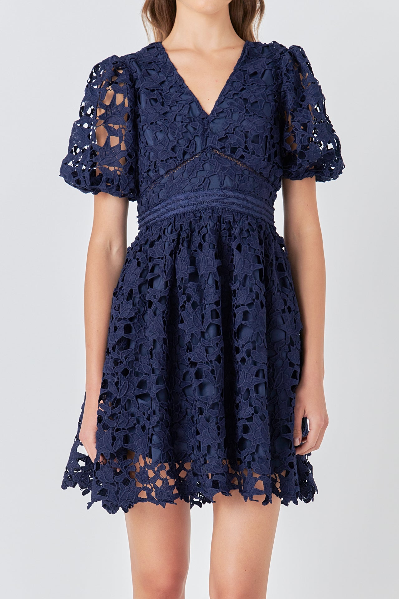 ENDLESS ROSE - Crochet Lace Puff Sleeve Mini Dress - DRESSES available at Objectrare