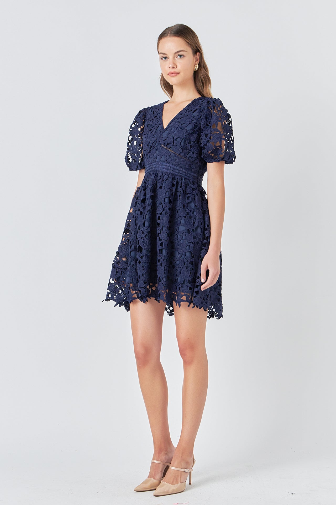 ENDLESS ROSE - Crochet Lace Puff Sleeve Mini Dress - DRESSES available at Objectrare