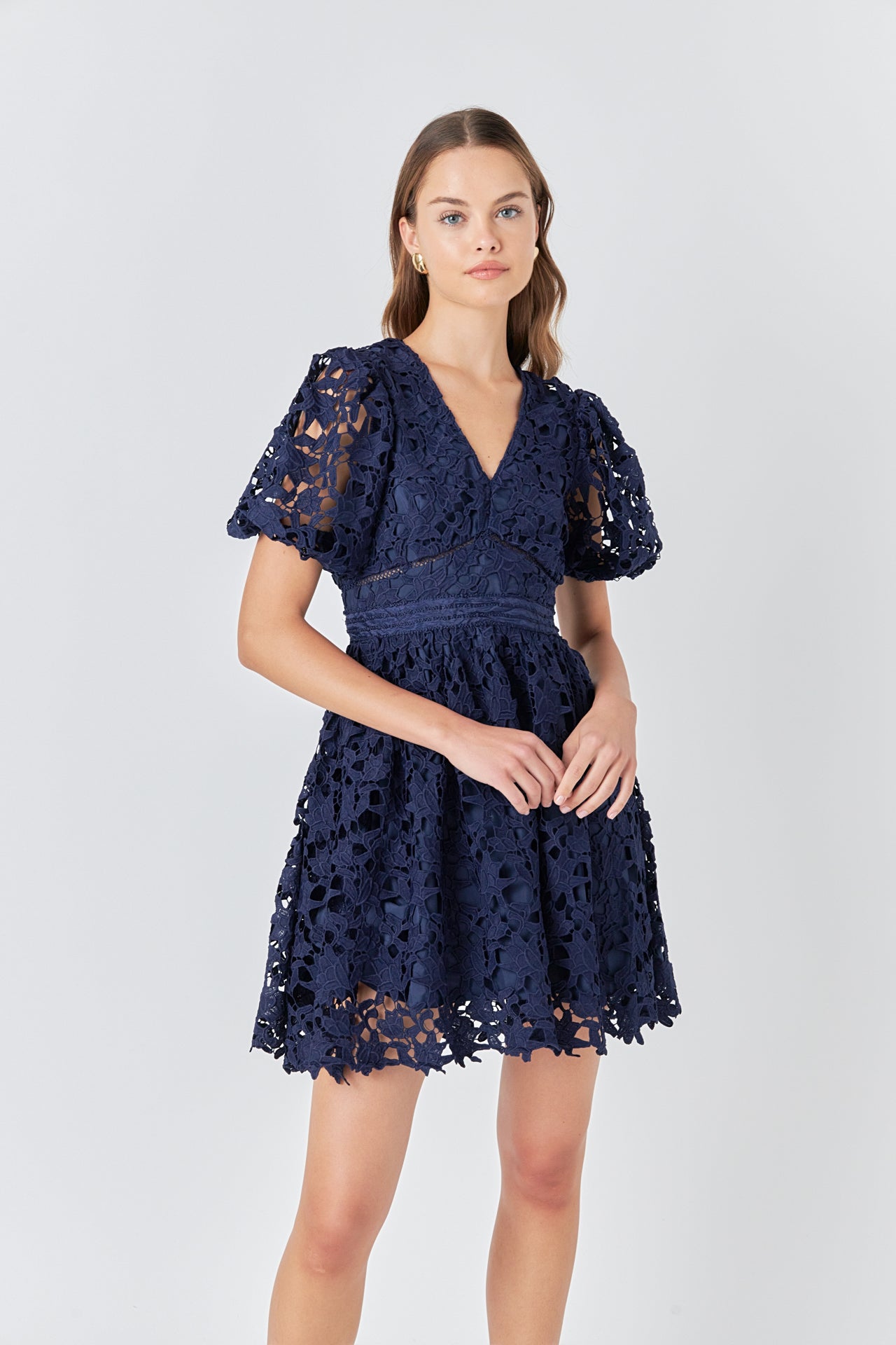 ENDLESS ROSE - Crochet Lace Puff Sleeve Mini Dress - DRESSES available at Objectrare