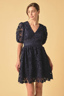 Crochet Lace Puff Sleeve Mini Dress