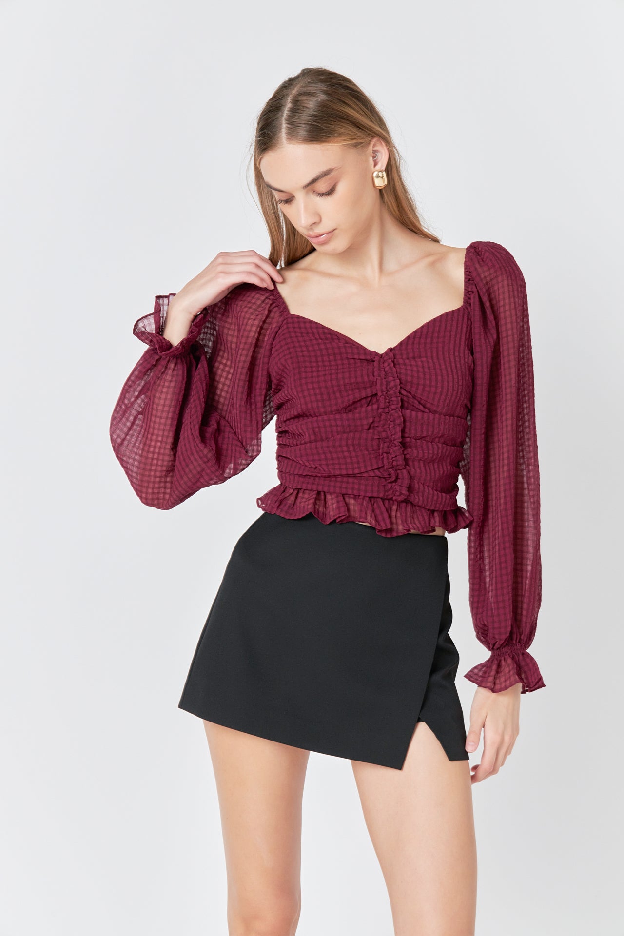 ENDLESS ROSE - Chiffon Gridded Ruched Top - TOPS available at Objectrare