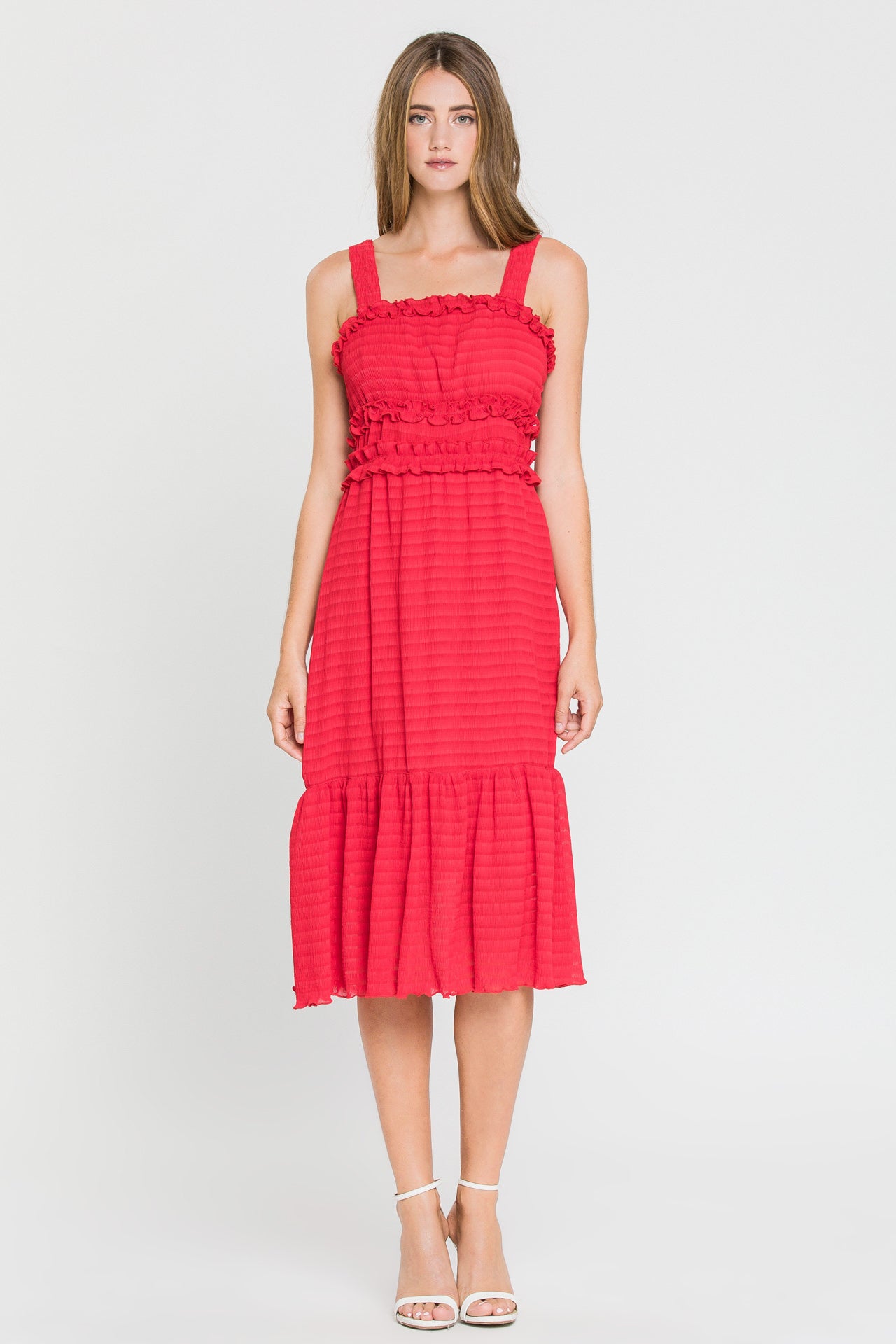 ENDLESS ROSE - Ruched Midi Dress With Ruffle Detail - DRESSES available at Objectrare