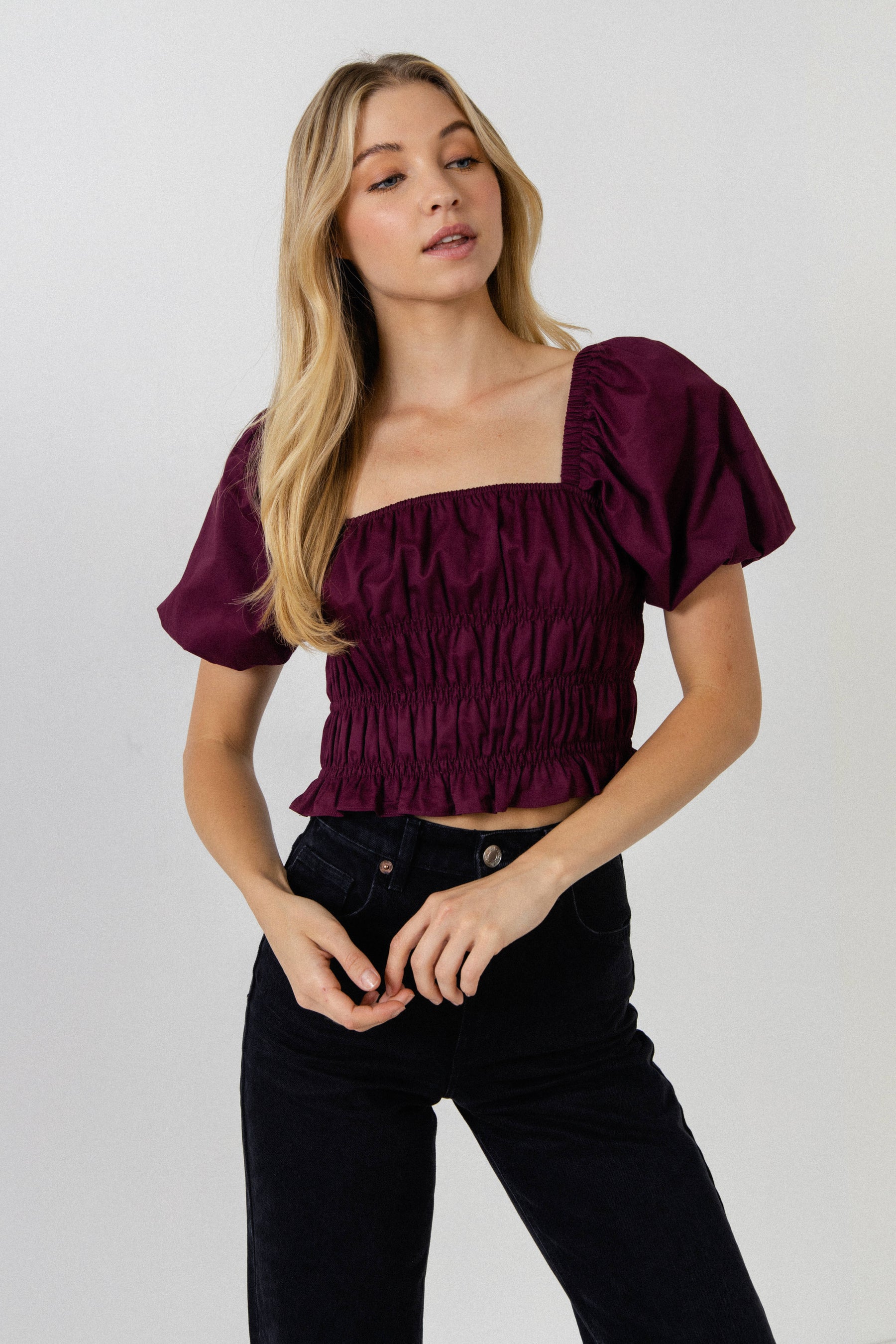 ENDLESS ROSE - Smocking Detail Puff Sleeve Top - TOPS available at Objectrare