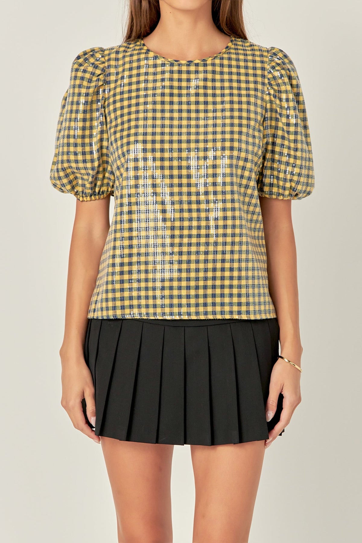 ENGLISH FACTORY - Sequins Puff Sleeve Gingham Top - TOPS available at Objectrare