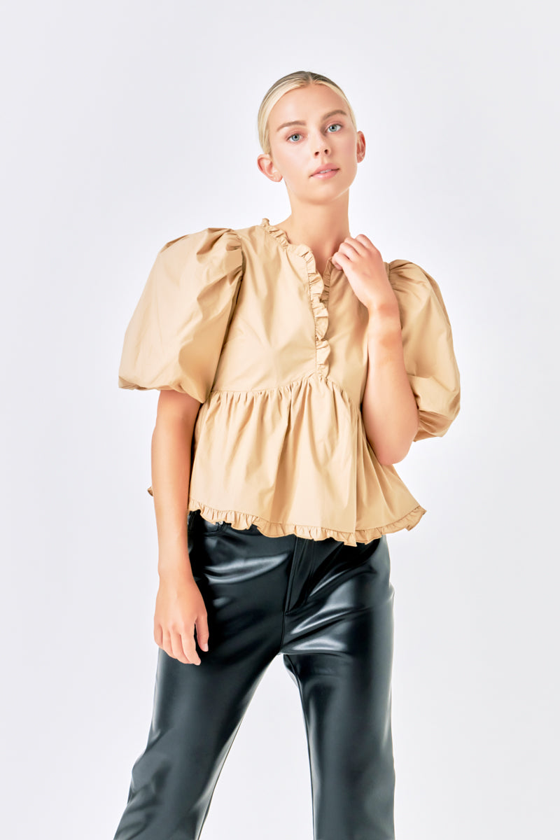 ENDLESS ROSE - Puff Sleeve Peplum Top - TOPS available at Objectrare