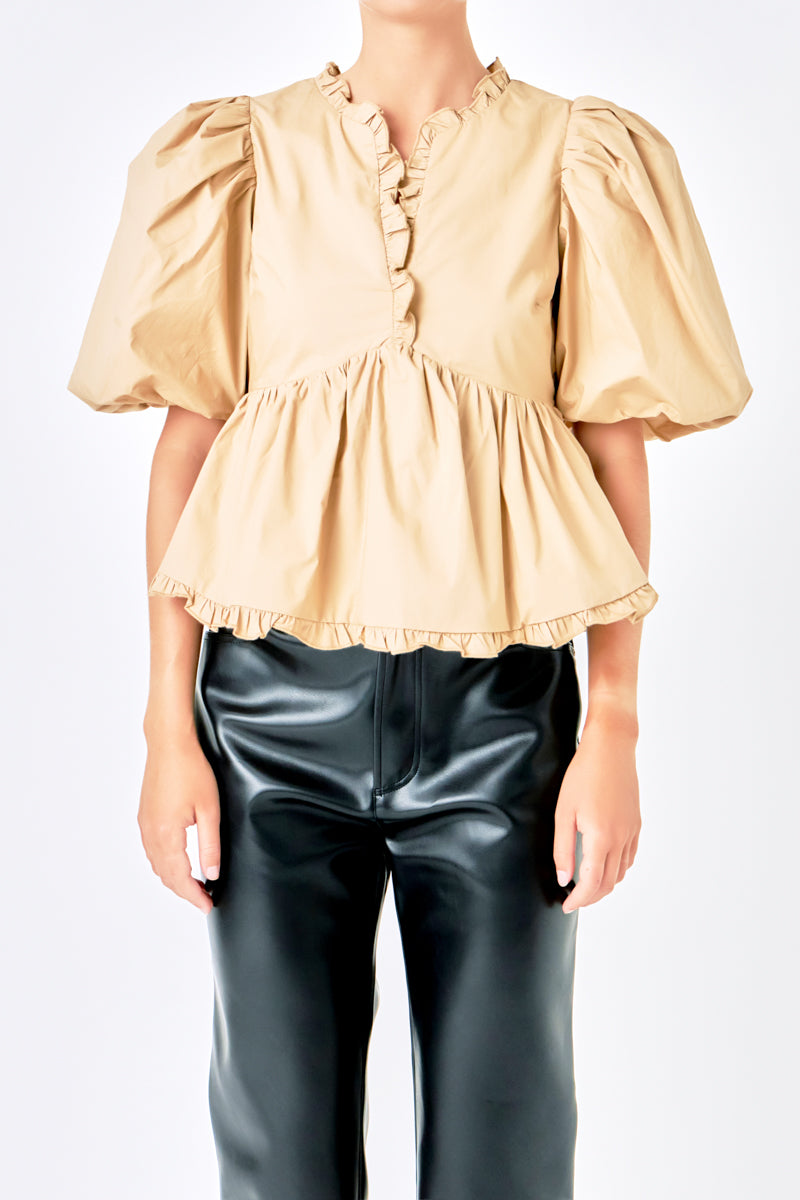 ENDLESS ROSE - Puff Sleeve Peplum Top - TOPS available at Objectrare
