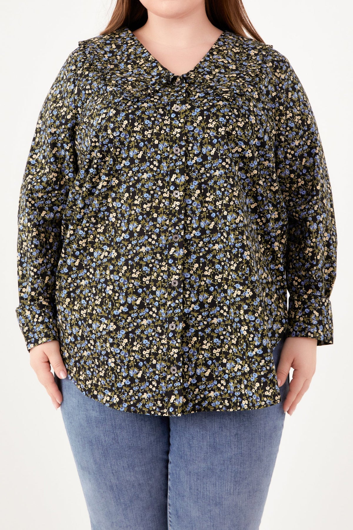 ENGLISH FACTORY - Plus Size Floral Collar Detail Shirt - BLOUSES available at Objectrare