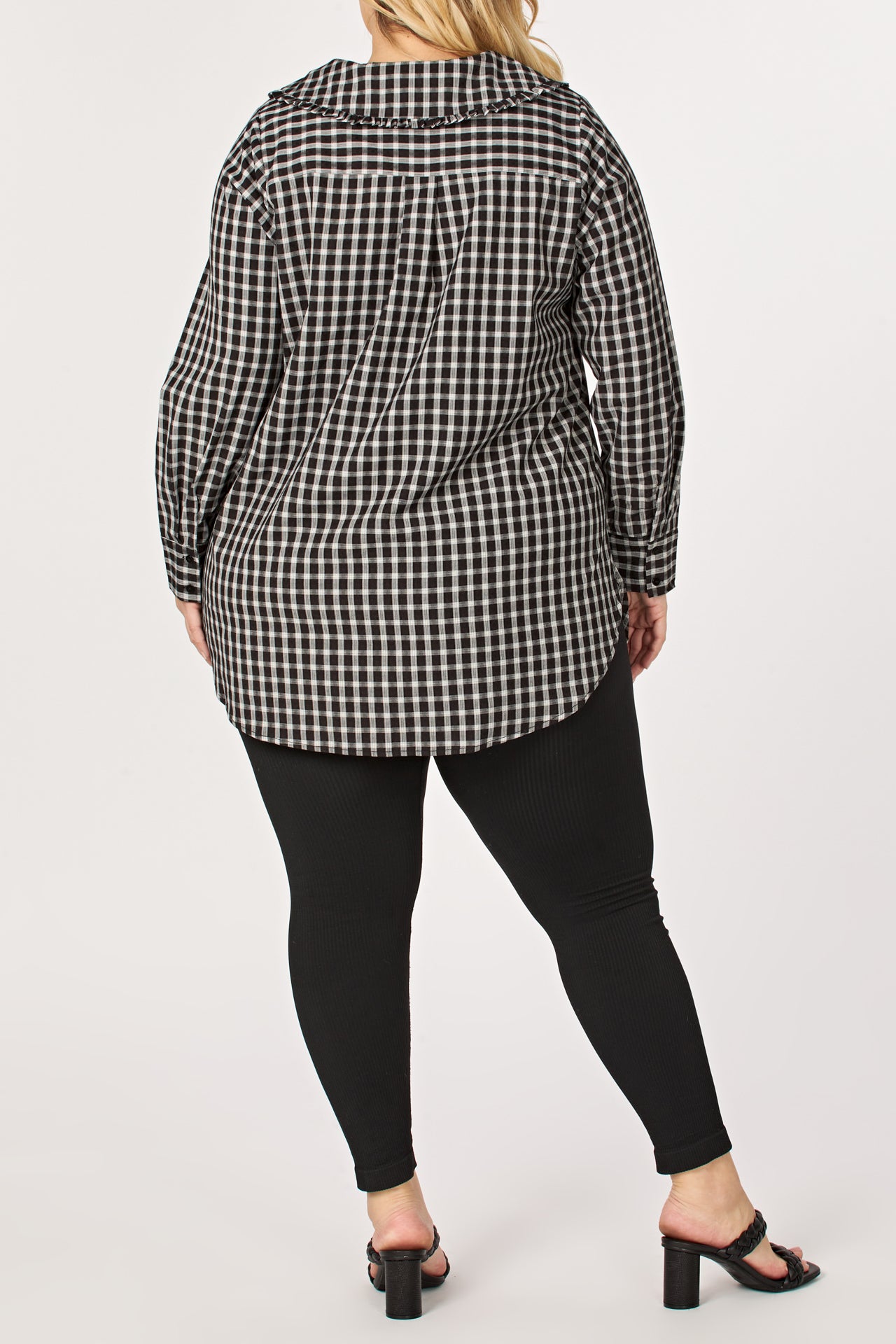 Plus Size Check Ruffled Collar Shirt