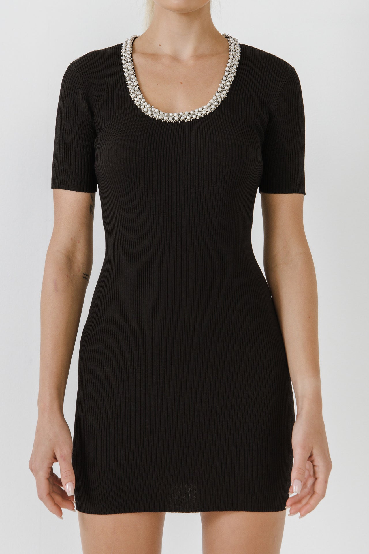 ENDLESS ROSE - Beads & Faux Pearl Neckline Knit Mini Dress - DRESSES available at Objectrare