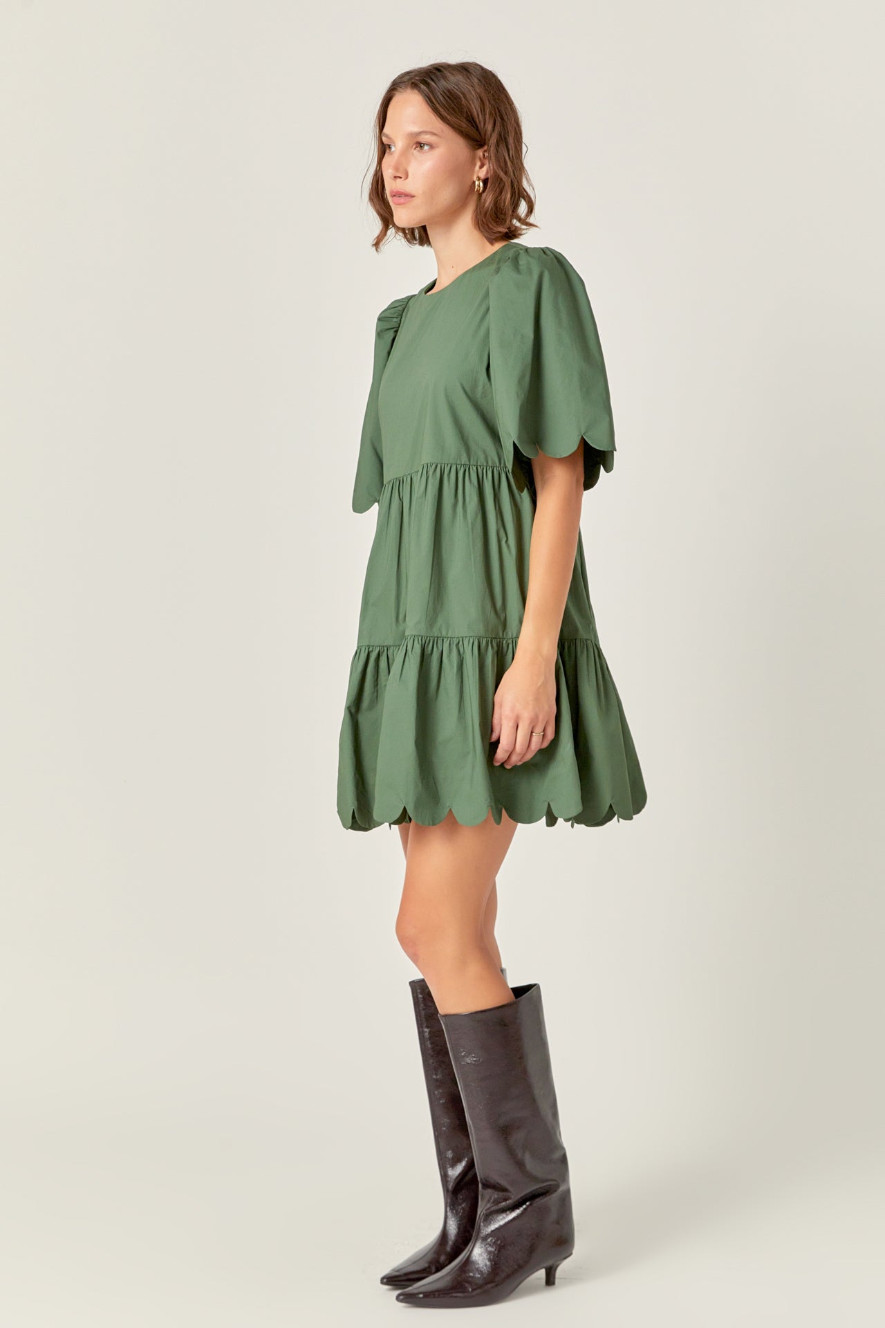 ENGLISH FACTORY - Scallop Detail Tiered Mini Dress in Dark Green - DRESSES available at Objectrare