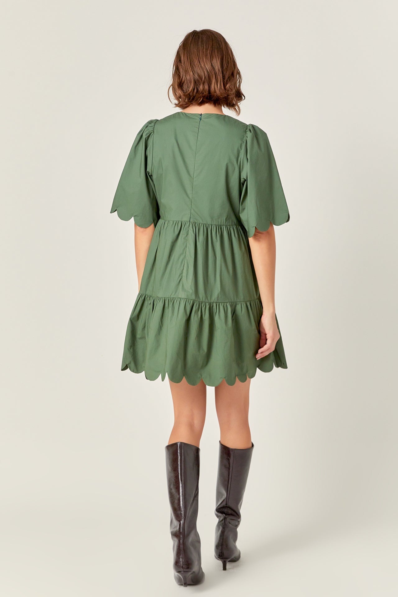 ENGLISH FACTORY - Scallop Detail Tiered Mini Dress in Dark Green - DRESSES available at Objectrare