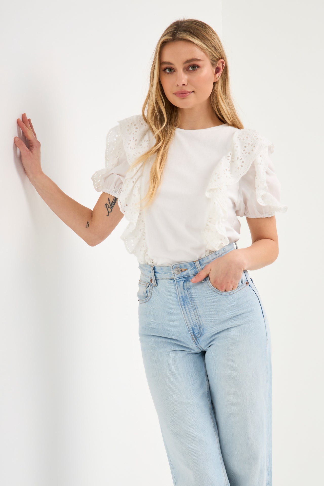 ENGLISH FACTORY - Lace Ruffle Detail Knit Top - TOPS available at Objectrare