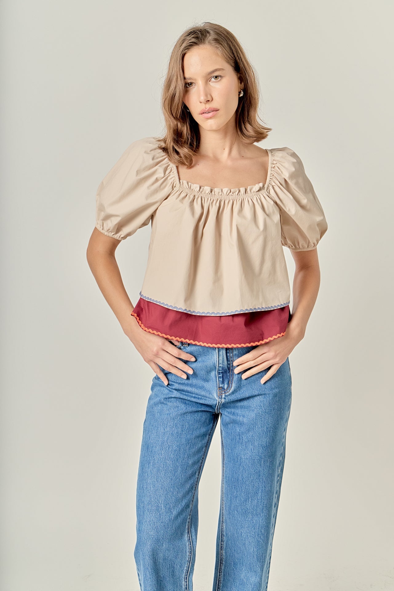 ENGLISH FACTORY - Colorblock Rickrack Trim Puff Sleeve Top - TOPS available at Objectrare