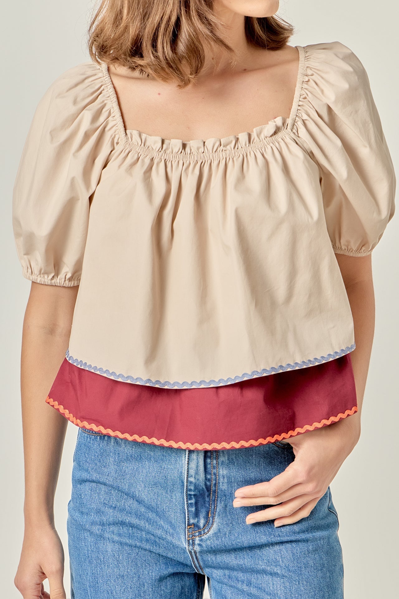 ENGLISH FACTORY - Colorblock Rickrack Trim Puff Sleeve Top - TOPS available at Objectrare