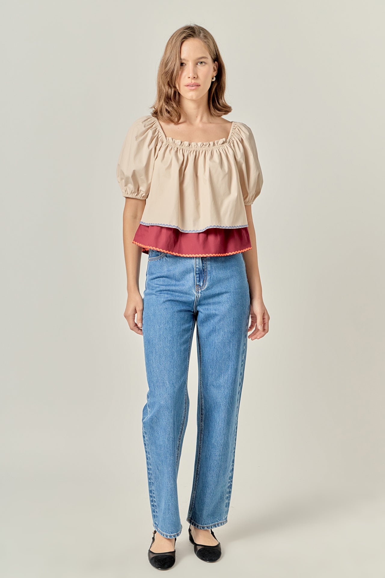 ENGLISH FACTORY - Colorblock Rickrack Trim Puff Sleeve Top - TOPS available at Objectrare