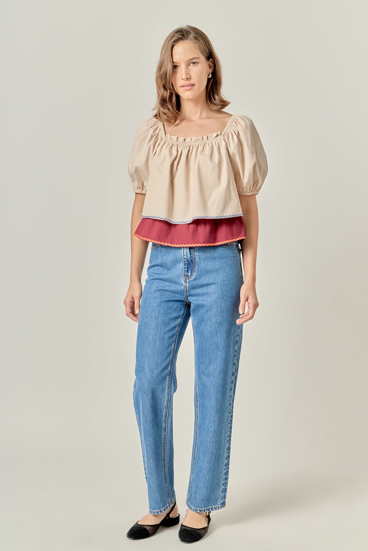 ENGLISH FACTORY - Colorblock Rickrack Trim Puff Sleeve Top - TOPS available at Objectrare