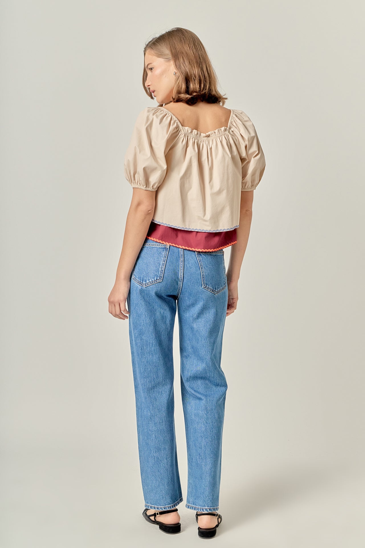 ENGLISH FACTORY - Colorblock Rickrack Trim Puff Sleeve Top - TOPS available at Objectrare