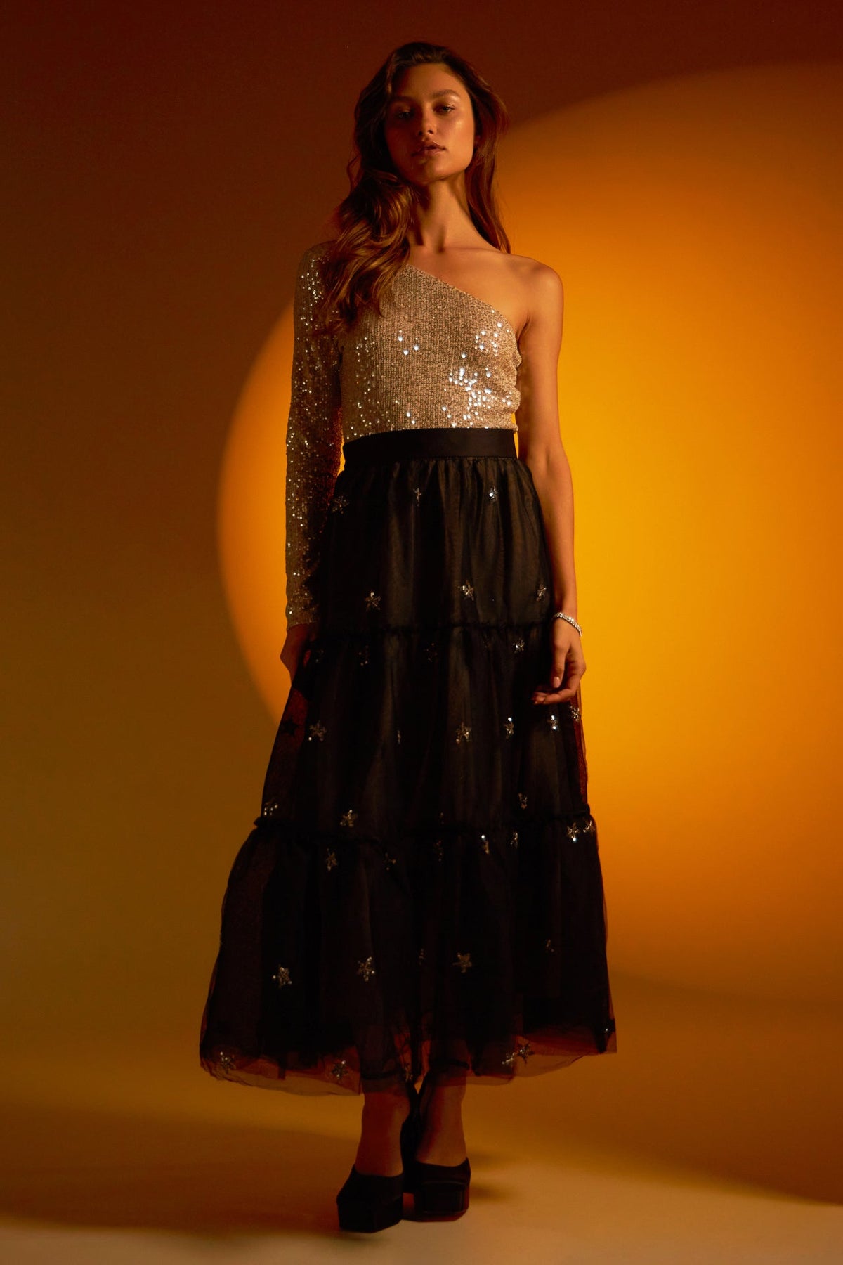 ENDLESS ROSE - One Sleeve Sequin Crop Top - TOPS available at Objectrare