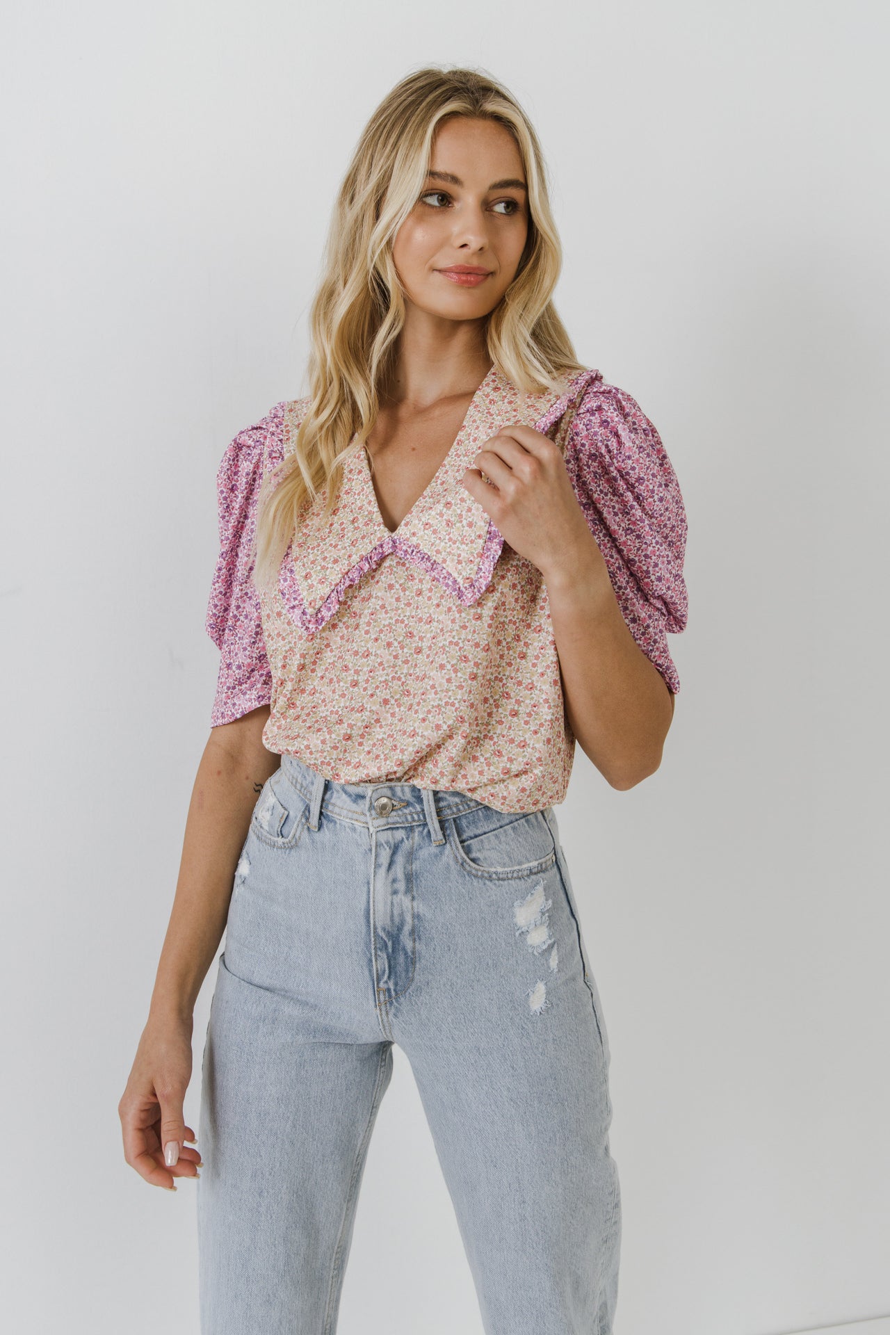 ENGLISH FACTORY - Floral Knit Collar Detail Top - TOPS available at Objectrare