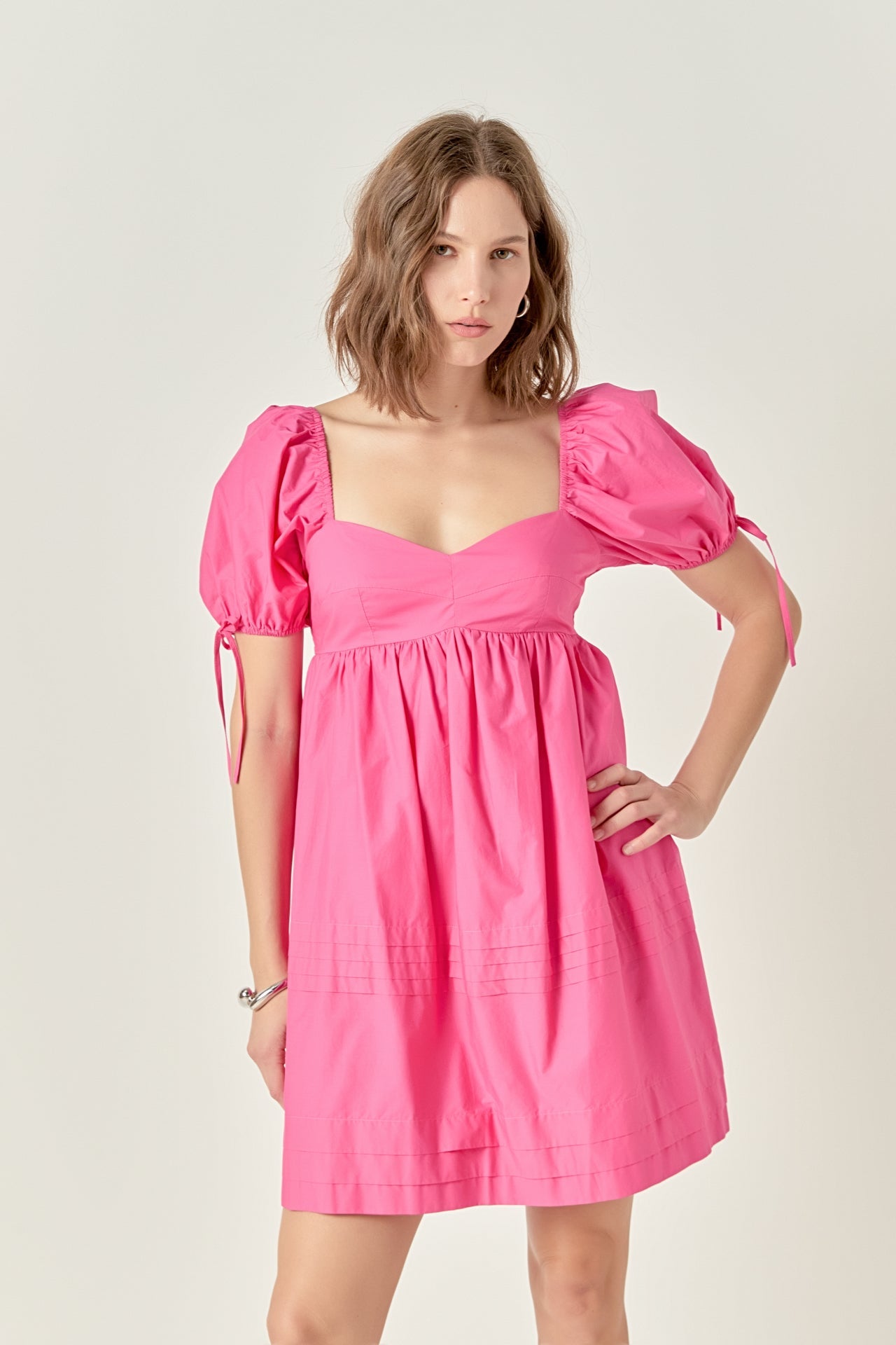 Pleated Detail Puff Sleeve Mini Dress