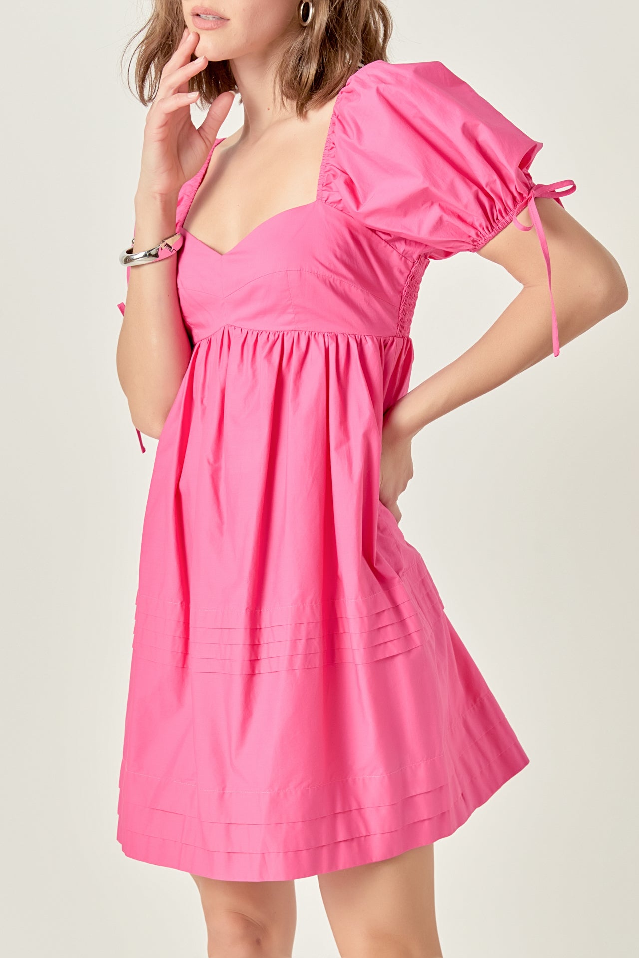 Pleated Detail Puff Sleeve Mini Dress