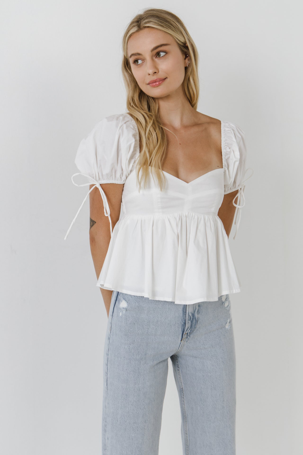 ENGLISH FACTORY - Tied Strap Puff Sleeve Woven Top - TOPS available at Objectrare