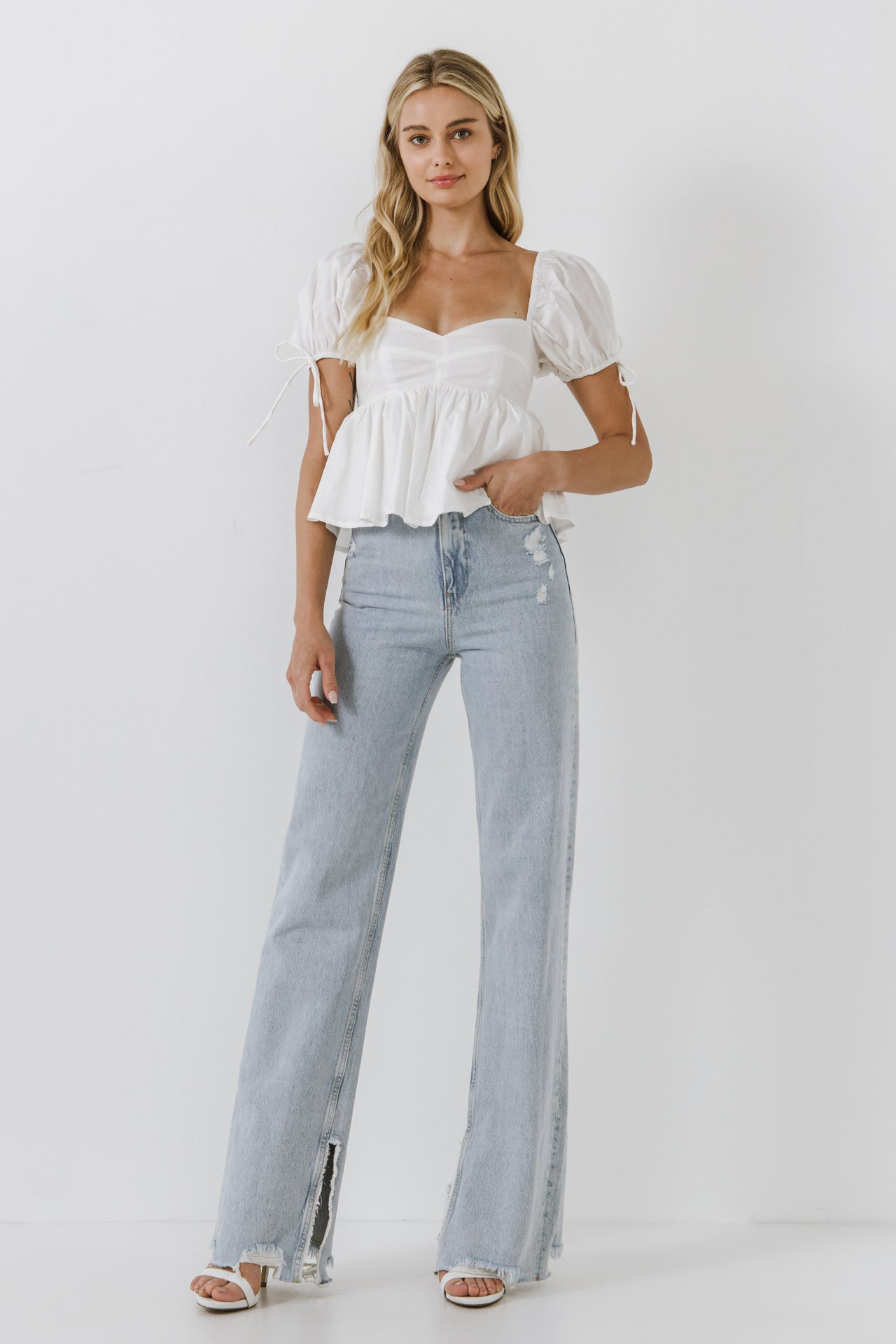ENGLISH FACTORY - Tied Strap Puff Sleeve Woven Top - TOPS available at Objectrare