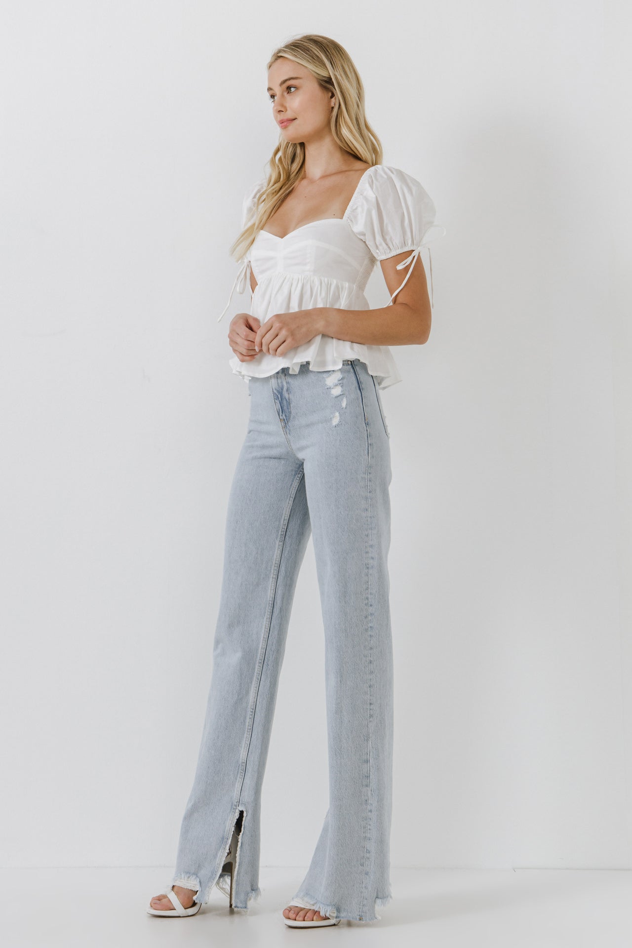 ENGLISH FACTORY - Tied Strap Puff Sleeve Woven Top - TOPS available at Objectrare