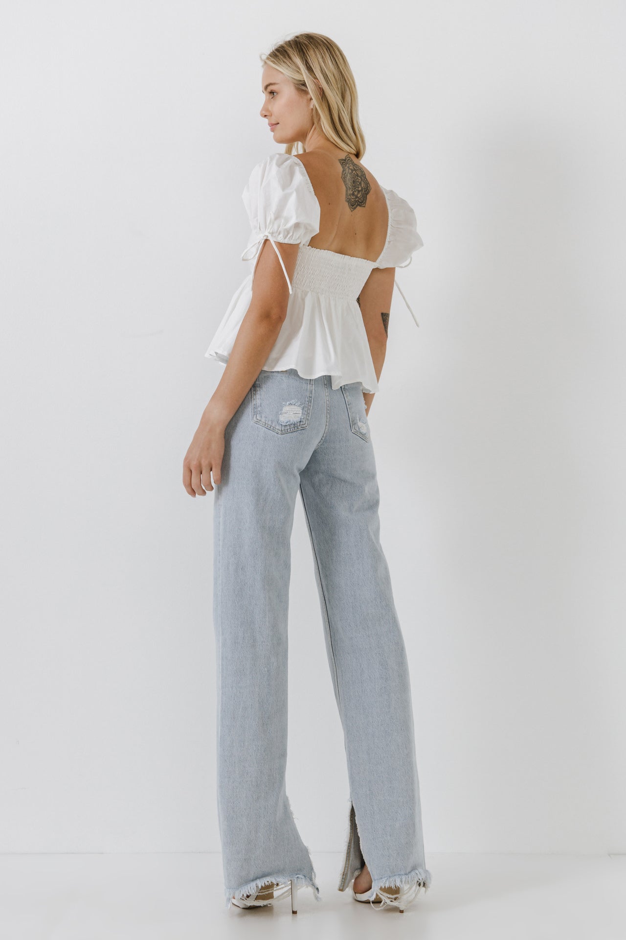 ENGLISH FACTORY - Tied Strap Puff Sleeve Woven Top - TOPS available at Objectrare