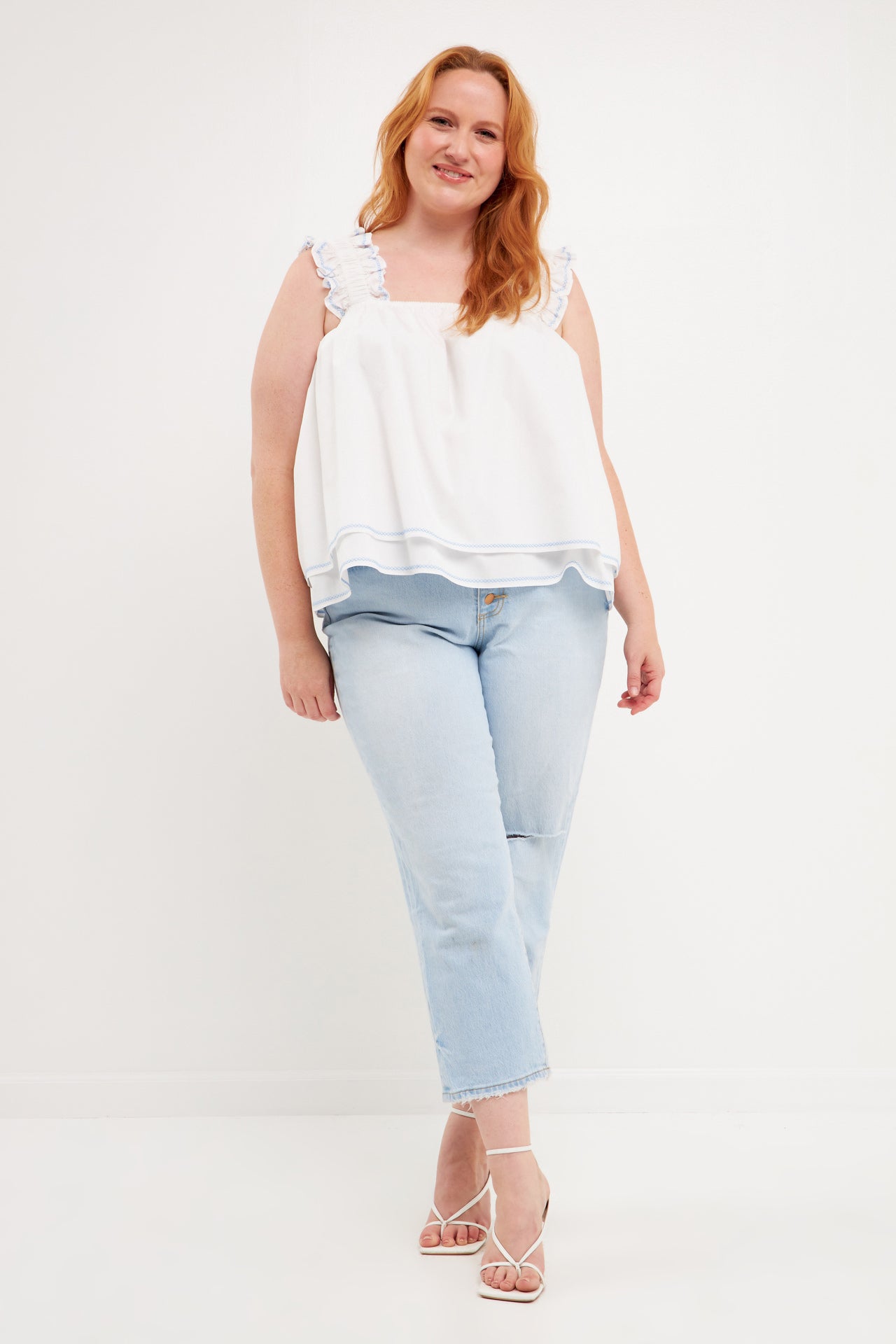Plus Size Contrast Embroidery Tiered Top