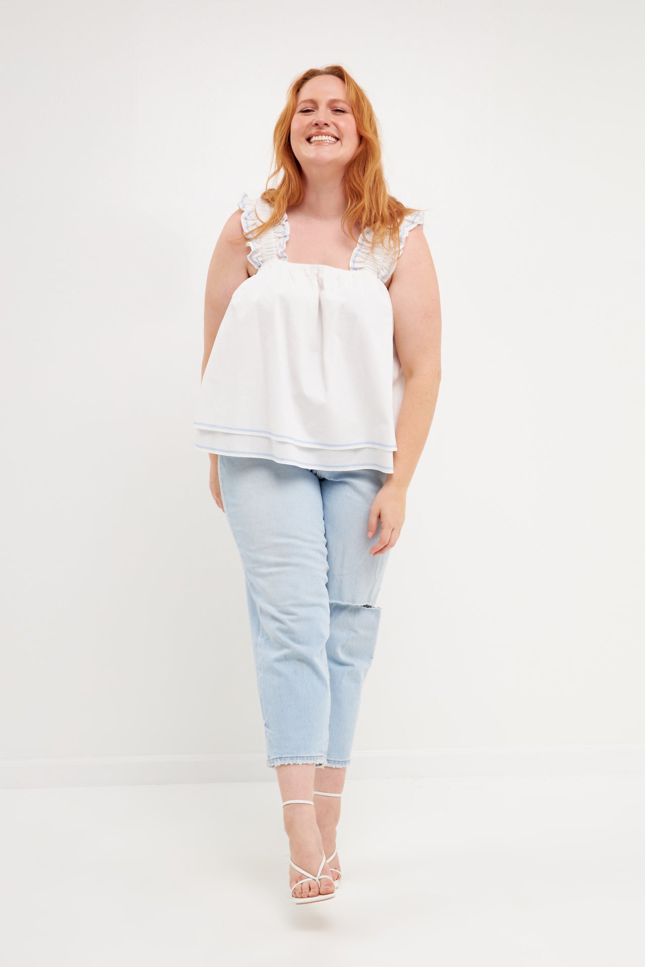 Plus Size Contrast Embroidery Tiered Top