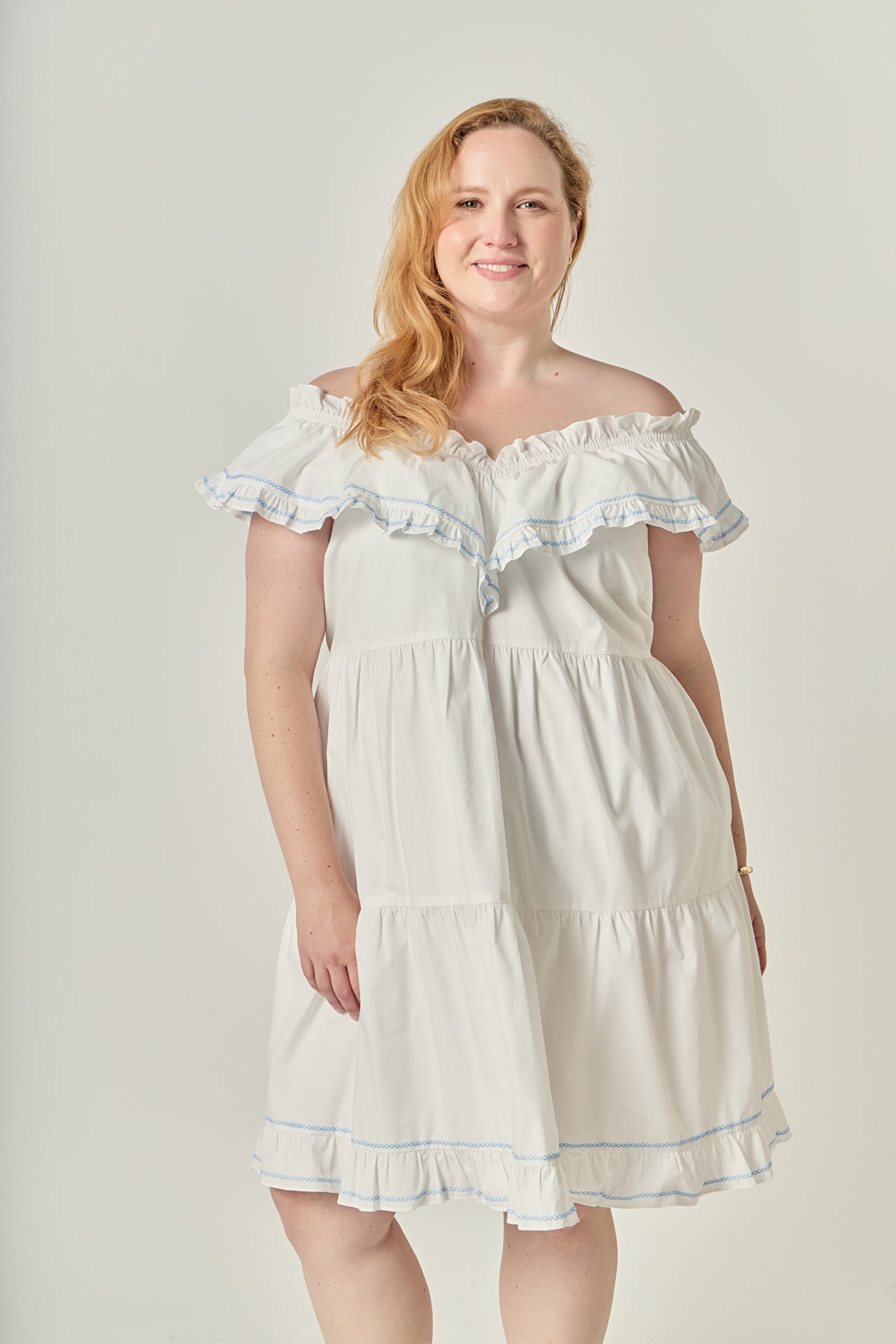 ENGLISH FACTORY - Plus Size Contrast Embroidery Ruffled Mini Dress - DRESSES available at Objectrare